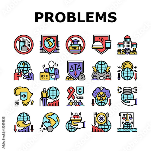 Social Public Problems Worldwide Icons Set Vector. Children And Ageing Human Social Problems, Democracy And Decolonization, Atomic Energy And Development, Religious And Wars Line. Color Illustrations
