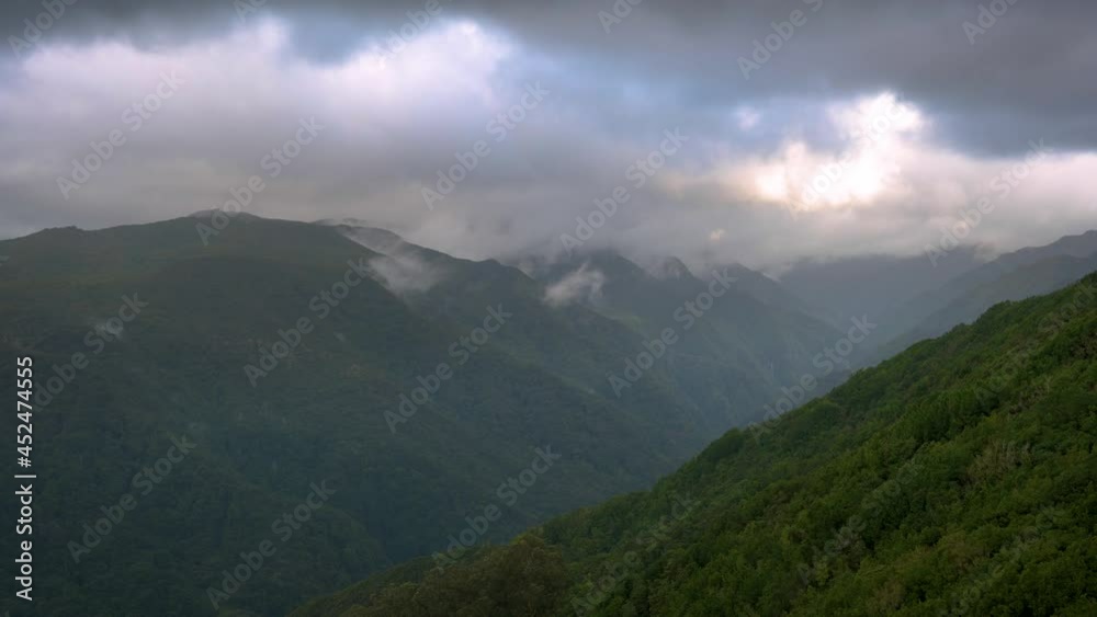 Fast moving fog in the mountains of Madeira island, Portugal