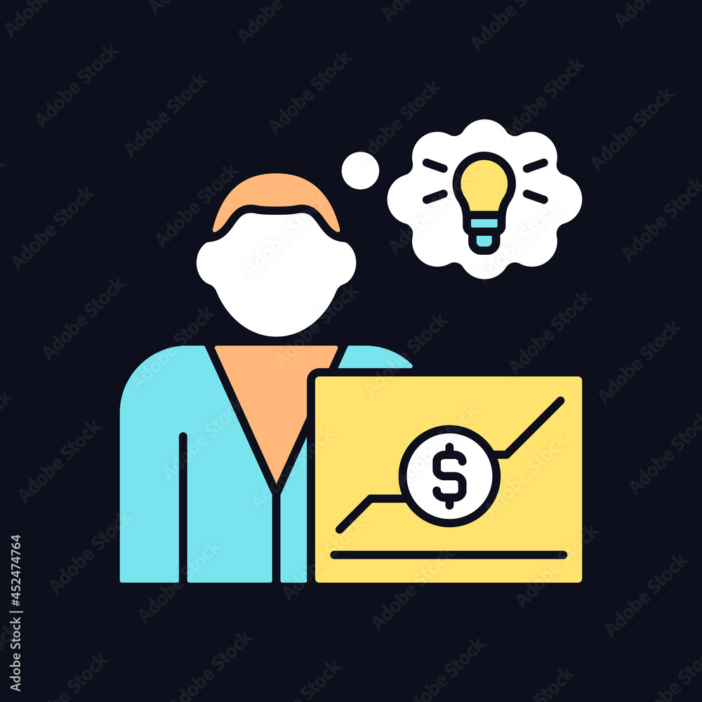 Business analyst RGB color icon for dark theme. Market analysis. Reswarch business processes. Isolated vector illustration on night mode background. Simple filled line drawing on black