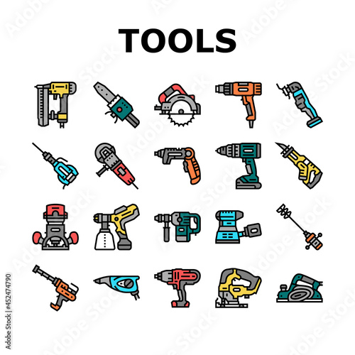 Tools For Building And Repair Icons Set Vector. Heat Gun And Nailer, Soldering Iron For Plastic Pipes And Reciprocating Saw, Jackhammer And Electric Screwdriver Tools Line. Color Illustrations