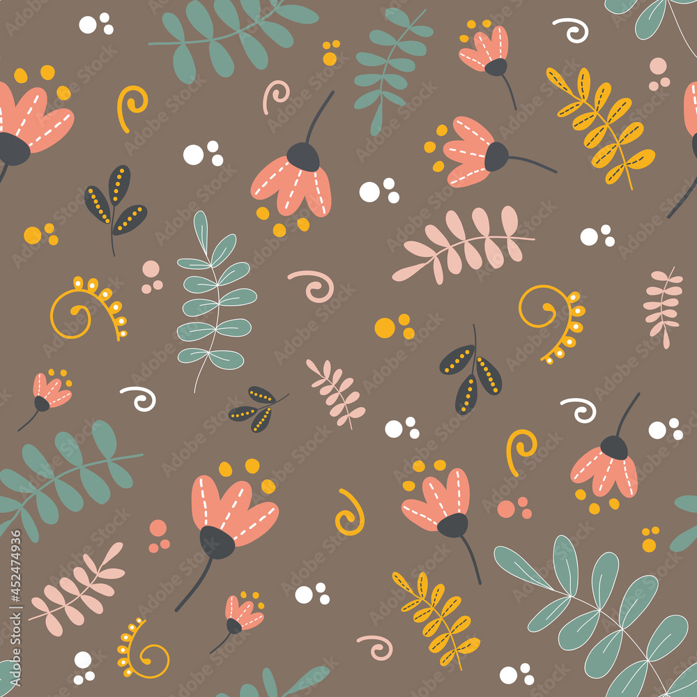 Vector seamless pattern with summer floral elements. Hand-drawn flowers, herbs, and leaves. Vector wallpaper. Vector seamless pattern with summer floral elements. Hand-drawn flowers, herbs, and leaves. Vector wallpaper.