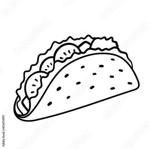 Taco with tortilla. Mexican lunch, line art icon for food apps and websites. Vector outline illustration isolated on white © Elena