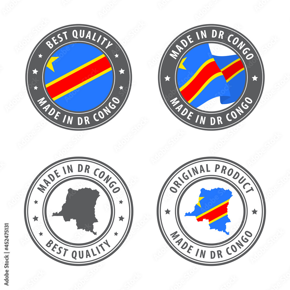 Made in Democratic Republic of the Congo - set of labels, stamps, badges, with the DR Congo map and flag. Best quality. Original product.