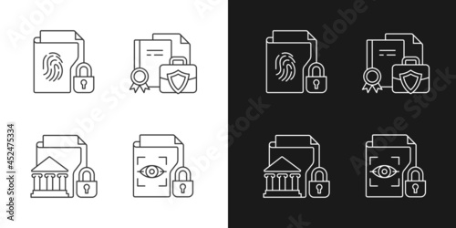 Personal sensitive data linear icons set for dark and light mode. Business information. Government material. Customizable thin line symbols. Isolated vector outline illustrations. Editable stroke photo