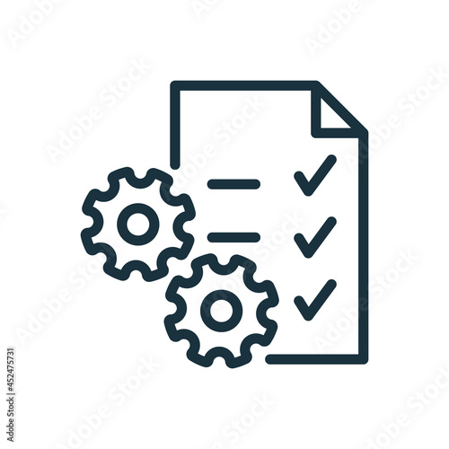 Clipboard or Checklist and Gear Line Icon. Technical Check List Linear Pictogram. Project Management, Software Development Outline Icon. Editable Stroke. Isolated Vector Illustration photo