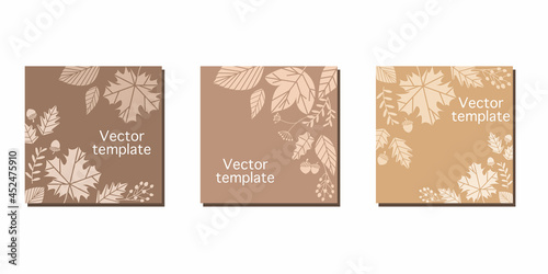 Set of  square frames. Autumn concept square frames. Autumn frame decoration with leaves and berries. Autumn frame for web  template  cover design. Vector illustration.