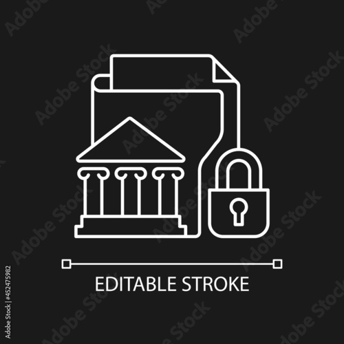 Classified information white linear icon for dark theme. Protecting sensitive data. Top secret. Thin line customizable illustration. Isolated vector contour symbol for night mode. Editable stroke