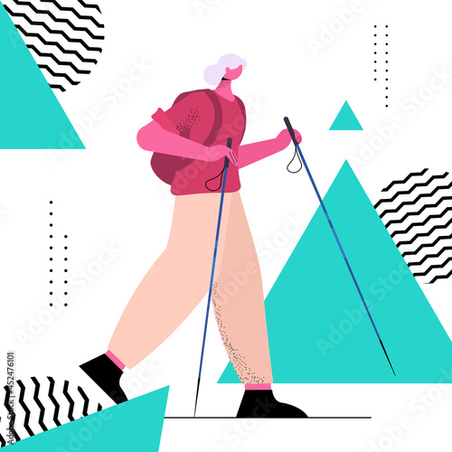 senior woman hiker traveling with backpack active old age physical activities concept full length