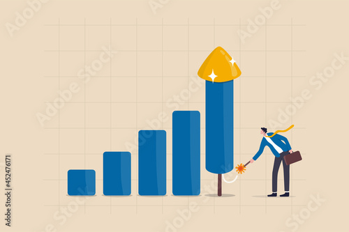 Grow your business, boost investment profit or earnings, increase growth or economic boom, career development concept, smart businessman ignite firework rocket bar graph to increase company growth.