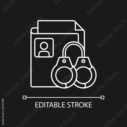 Sealing criminal records white linear icon for dark theme. Criminal background check. Thin line customizable illustration. Isolated vector contour symbol for night mode. Editable stroke