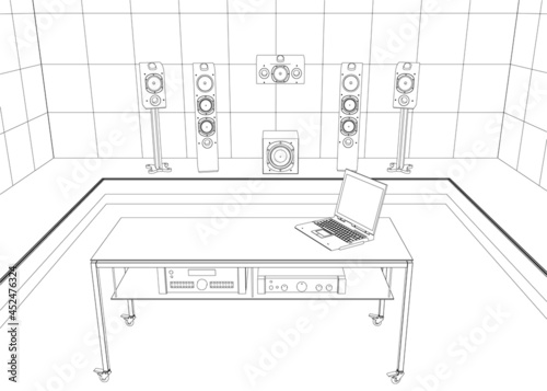 Contour of a recording room with equipment from black lines isolated on a white background. Sound speakers and laptop on the table. 3D. Vector illustration