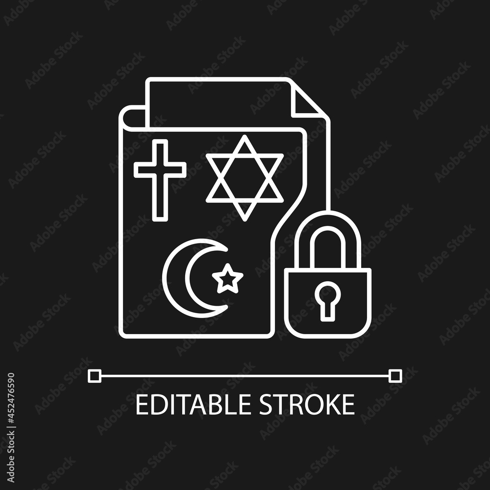 Religious beliefs information white linear icon for dark theme. Secure sensitive personal data. Thin line customizable illustration. Isolated vector contour symbol for night mode. Editable stroke Religious beliefs information white linear icon for dark theme. Secure sensitive personal data. Thin line customizable illustration. Isolated vector contour symbol for night mode. Editable stroke