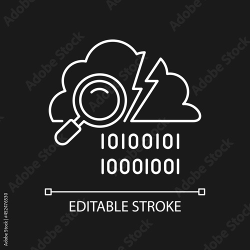 Data breach detection white linear icon for dark theme. Intrusion recognition. Protect from threats. Thin line customizable illustration. Isolated vector contour symbol for night mode. Editable stroke