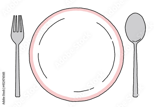 シンプルな白いお皿とナイフとフォークのイラストレーション
