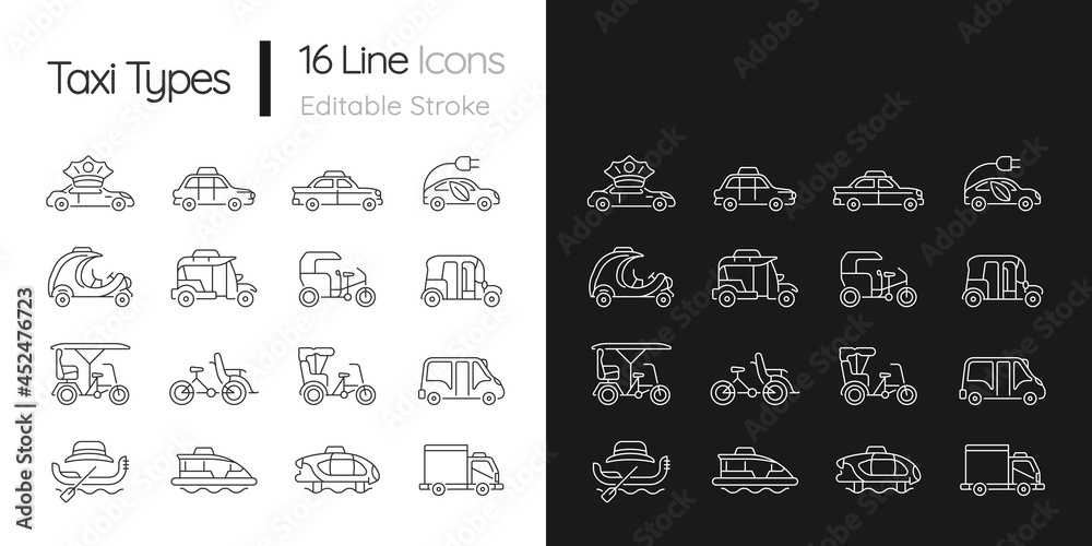 Taxi types linear icons set for dark and light mode. Transporting clients. Taxicab vehicle. Cycle rickshaw. Customizable thin line symbols. Isolated vector outline illustrations. Editable stroke