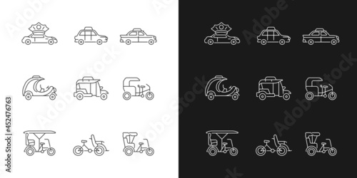 Taxicab types linear icons set for dark and light mode. Personal driver. London cab. Retro car. Rickshaw. Customizable thin line symbols. Isolated vector outline illustrations. Editable stroke