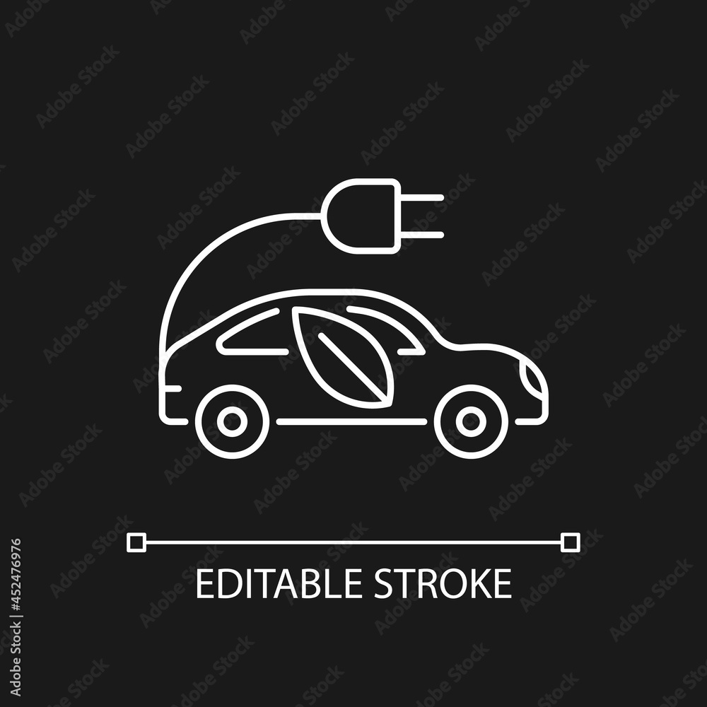 Electric taxi white linear icon for dark theme. Urban transport. Zero-emissions capability. Thin line customizable illustration. Isolated vector contour symbol for night mode. Editable stroke