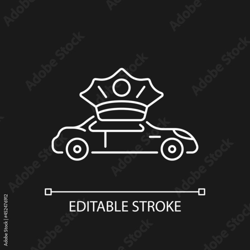 Chauffeur hire white linear icon for dark theme. Personal driver. Driving passenger vehicle. Thin line customizable illustration. Isolated vector contour symbol for night mode. Editable stroke