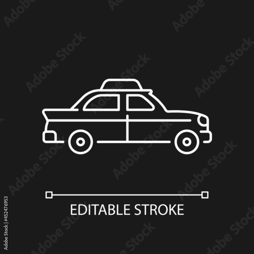 Retro taxi car white linear icon for dark theme. Taxicab vehicle. Chauffeur-driven transportation. Thin line customizable illustration. Isolated vector contour symbol for night mode. Editable stroke