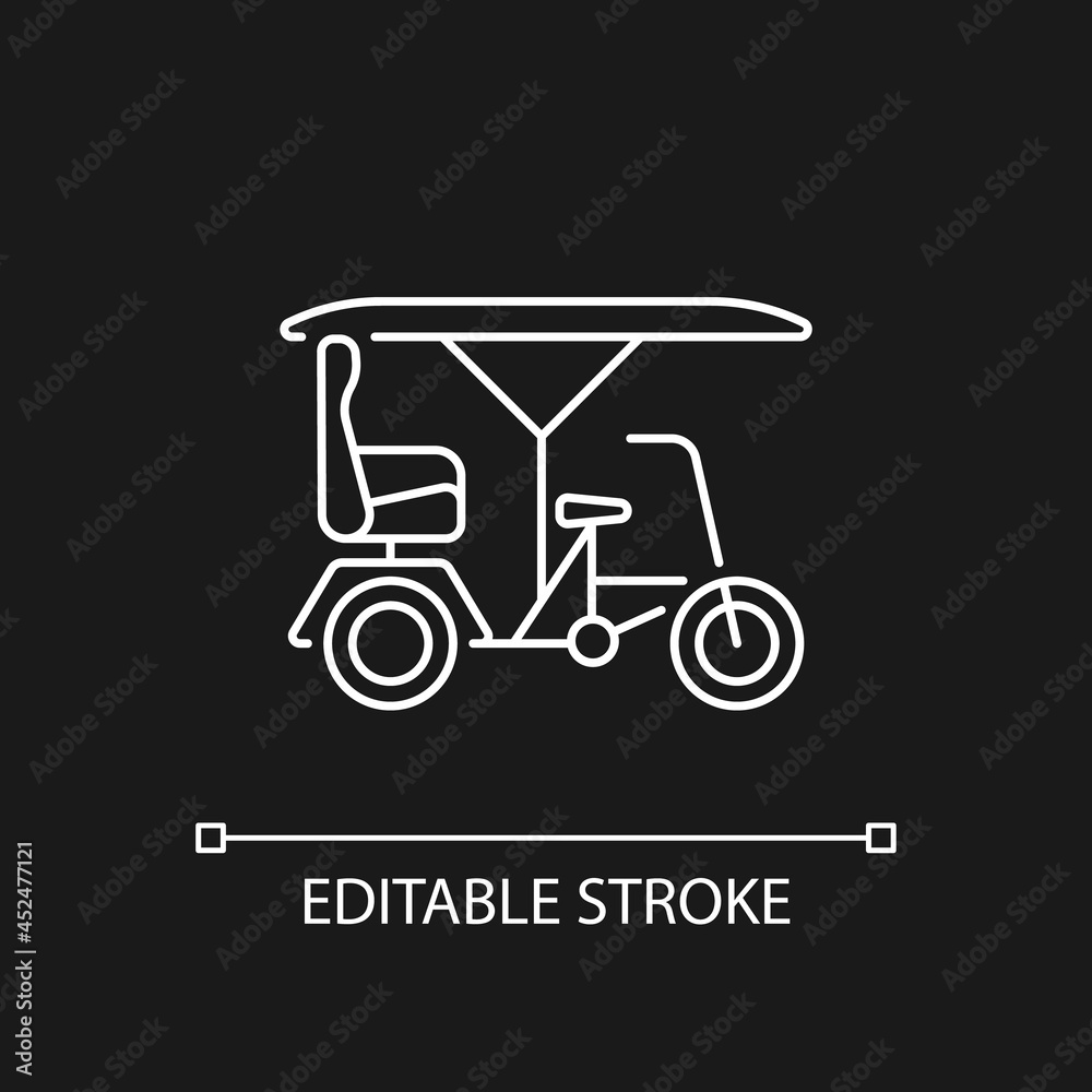 Bicitaxi white linear icon for dark theme. Bicycle taxi. Commercial vehicle with three wheels. Thin line customizable illustration. Isolated vector contour symbol for night mode. Editable stroke Bicitaxi white linear icon for dark theme. Bicycle taxi. Commercial vehicle with three wheels. Thin line customizable illustration. Isolated vector contour symbol for night mode. Editable stroke
