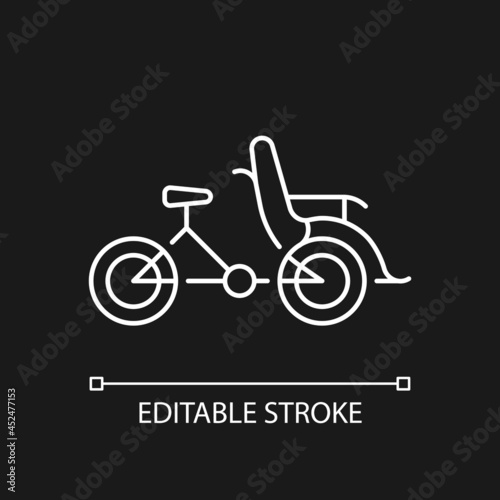 Cyclo taxi white linear icon for dark theme. Three-wheel bicycle for passenger transportation. Thin line customizable illustration. Isolated vector contour symbol for night mode. Editable stroke