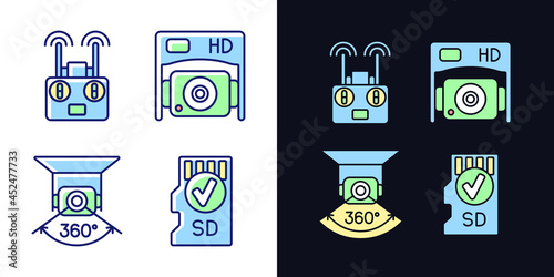 Effective drone use light and dark theme RGB color manual label icons set. Isolated vector illustrations on white and black space. Simple filled line drawings pack for product use instructions