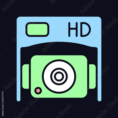 HD bottom camera RGB color manual label icon for dark theme. Professional drone. Isolated vector illustration on night mode background. Simple filled line drawing on black for product use instructions