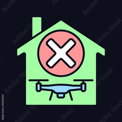 Dont use indoors RGB color manual label icon for dark theme. Potential hazard. Isolated vector illustration on night mode background. Simple filled line drawing on black for product use instructions