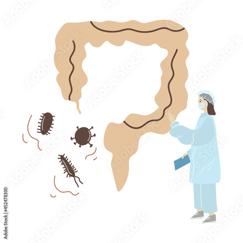 Healthcare therapy of human intestine. doctor treat and analysis alimentary canal. Cartoon hand drawn character design.