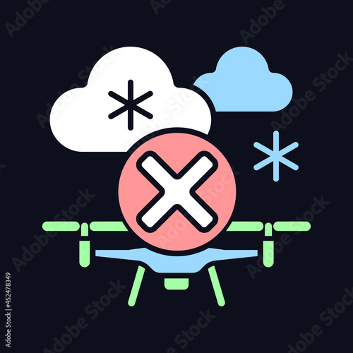 Dont fly when heavy snow RGB color manual label icon for dark theme. Isolated vector illustration on night mode background. Simple filled line drawing on black for product use instructions