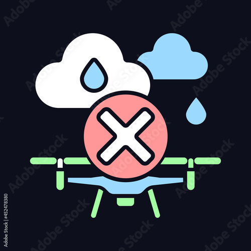 Dont fly when heavy rain RGB color manual label icon for dark theme. Isolated vector illustration on night mode background. Simple filled line drawing on black for product use instructions