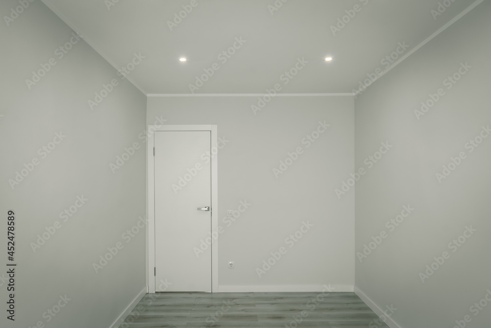 Modern light interior of empty room without furniture. Stylish apartment after renovation. Front view of wall with closed door. Modern light interior of empty room without furniture. Stylish apartment after renovation. Front view of wall with closed door.