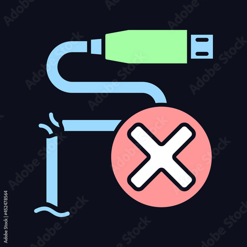 Dont use cracked cable RGB color manual label icon for dark theme. Isolated vector illustration on night mode background. Simple filled line drawing on black for product use instructions