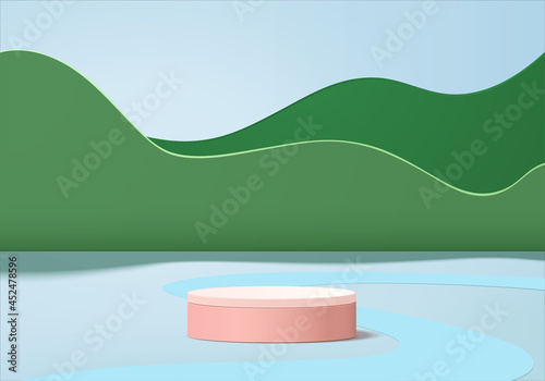 3d background products display podium scene with geometric platform. background vector 3d rendering with podium. stand to show cosmetic products. Stage showcase on pedestal display green studio
