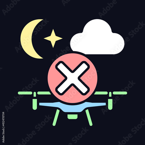 Dont fly drone at night RGB color manual label icon for dark theme. Isolated vector illustration on night mode background. Simple filled line drawing on black for product use instructions