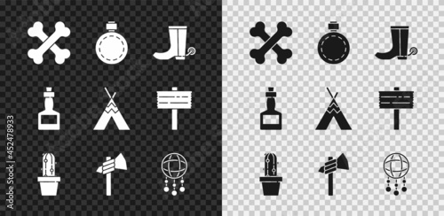 Set Crossed human bones, Canteen water bottle, Cowboy boot, Cactus peyote in pot, Tomahawk axe, Dream catcher with feathers, Tabasco sauce and Indian teepee or wigwam icon. Vector