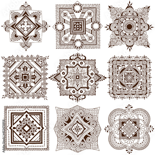 Decorative elements for design. Mehndi style square patterns.
