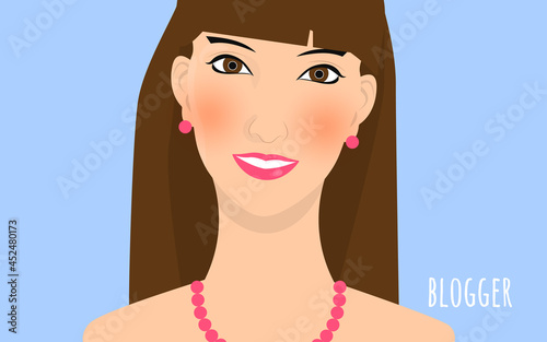 Young beautiful smiling caucasian woman portrait. Text Blogger. On a blue background.