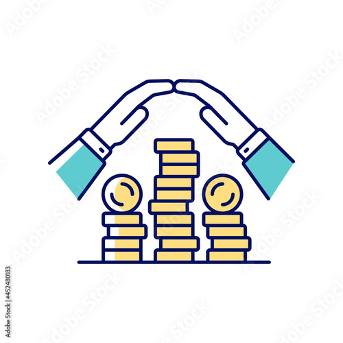 Savings RGB color icon. Collect cash. Coin stack for safe personal deposit. Financial literacy. Understanding finance and economy. Isolated vector illustration. Simple filled line drawing