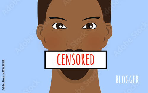 Young dark skin man portrait with censored sign on a mouth. Censorship concept. Text Blogger. On a blue background.