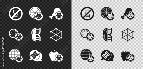 Set Stop GMO, Genetically modified orange, Gmo research chicken, DNA symbol, apple, and meat icon. Vector