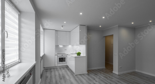Modern interior of luxury studio apartment after renovation. White kitchen with fridge and oven. Living room without furniture.