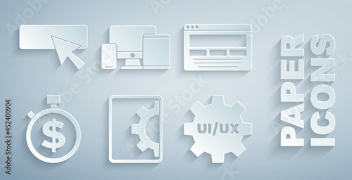 Set Web development, UI or UX design, Time is money, Monitor, mobile, tablet and icon. Vector