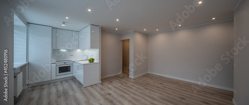 Bright interior of contemporary renovated apartment. White kitchen with fridge and oven. Parquet floor. Panorama view.