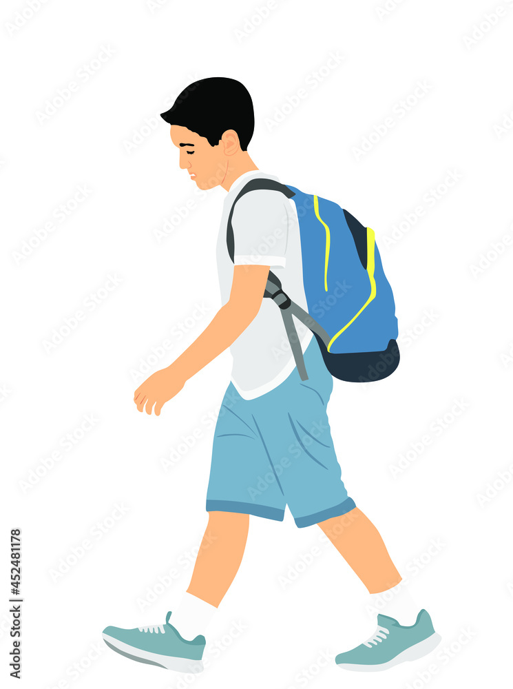 Sad boy with backpack going to school vector illustration. Back to school. School kid walking with education trouble, bad grades evaluation after summer enjoy. Bowed head son do not like learning. Sad boy with backpack going to school vector illustration. Back to school. School kid walking with education trouble, bad grades evaluation after summer enjoy. Bowed head son do not like learning.