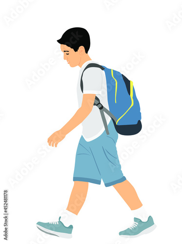 Sad boy with backpack going to school vector illustration. Back to school. School kid walking with education trouble, bad grades evaluation after summer enjoy. Bowed head son do not like learning.