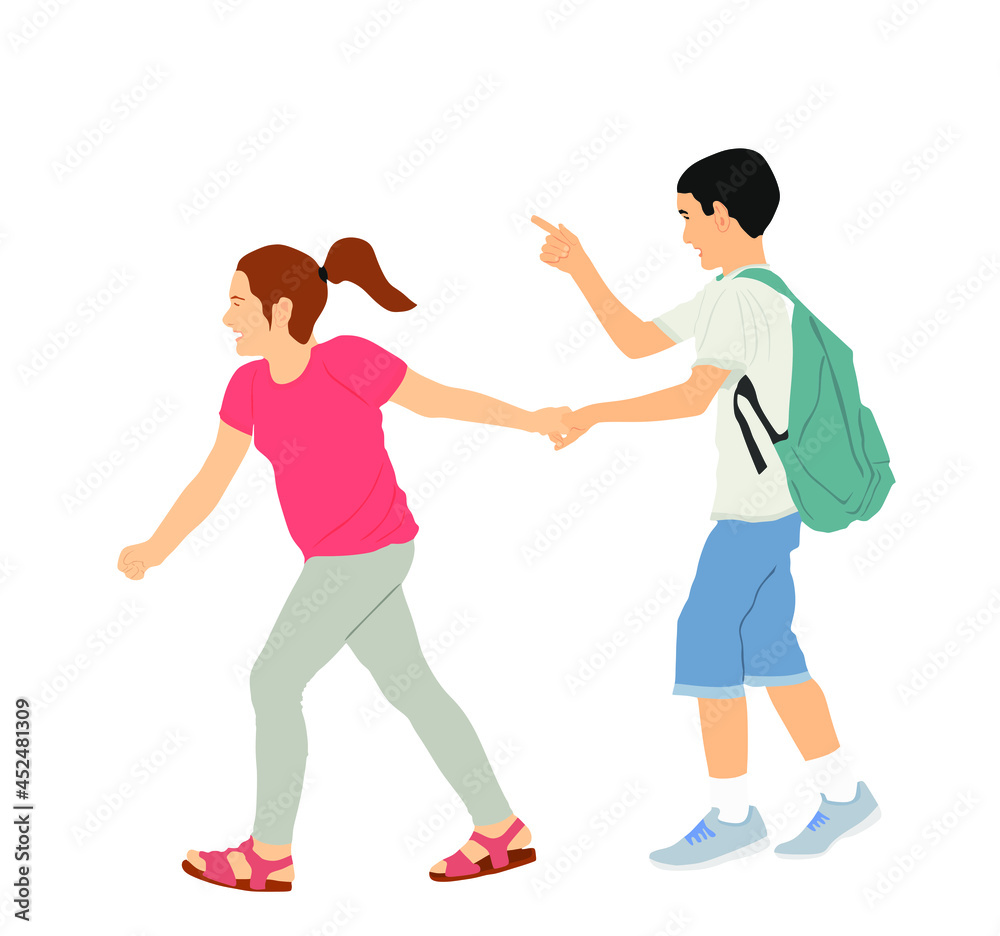 Laughing kids going to school together, vector illustration. Back to school. Boy and girl with backpack. Happy kids friends. Happy Schoolkids education. Sister hold hand brother to crossing street.