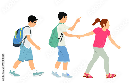Laughing kids going to school together, vector illustration. Back to school. Boy and girl with backpack. Happy kids friends. Happy Schoolkids education. Sister hold hand brother to crossing street.