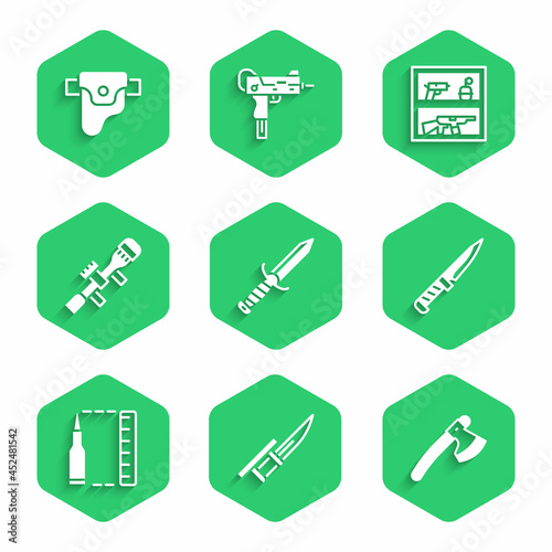 Set Military knife, Bayonet on rifle, Wooden axe, Bullet, Sniper optical sight, Hunting shop weapon and Gun holster icon. Vector