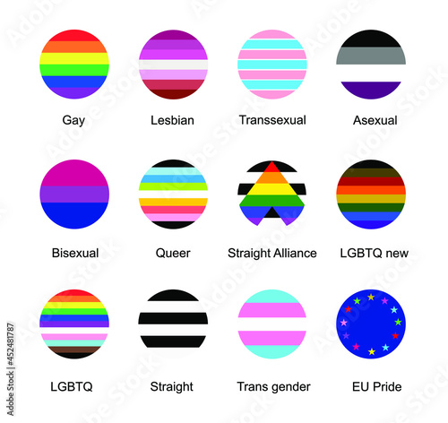 Circle badge flag gay vector illustration. LGBT pride symbol, lesbian sign, trans sexual culture, homosexual, asexual, bisexual, queer, straight, trans gender. Human rights and freedom. LGBTQ culture.